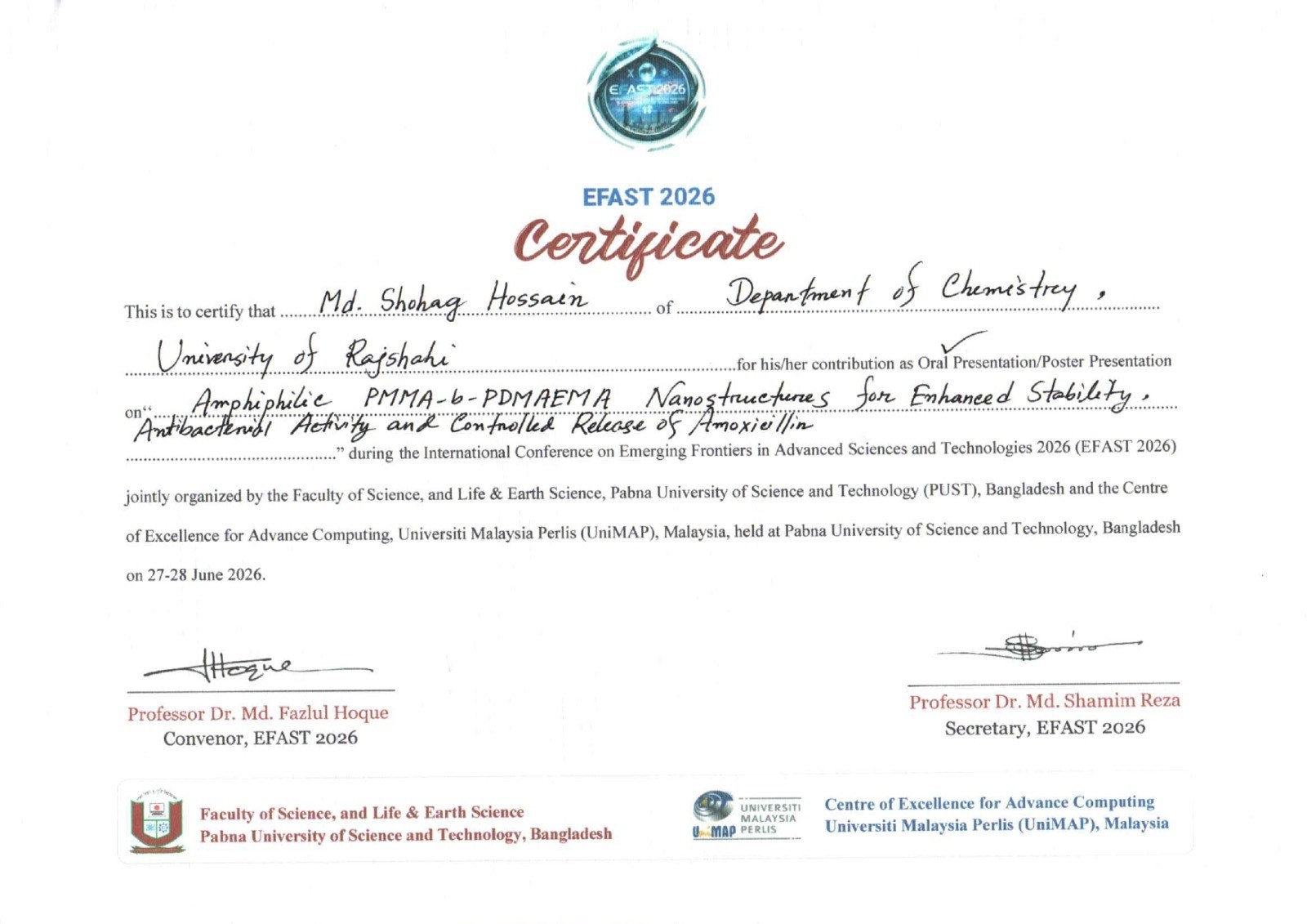 EFAST 2026 oral-presentation certificate for Md. Shohag Hossain.