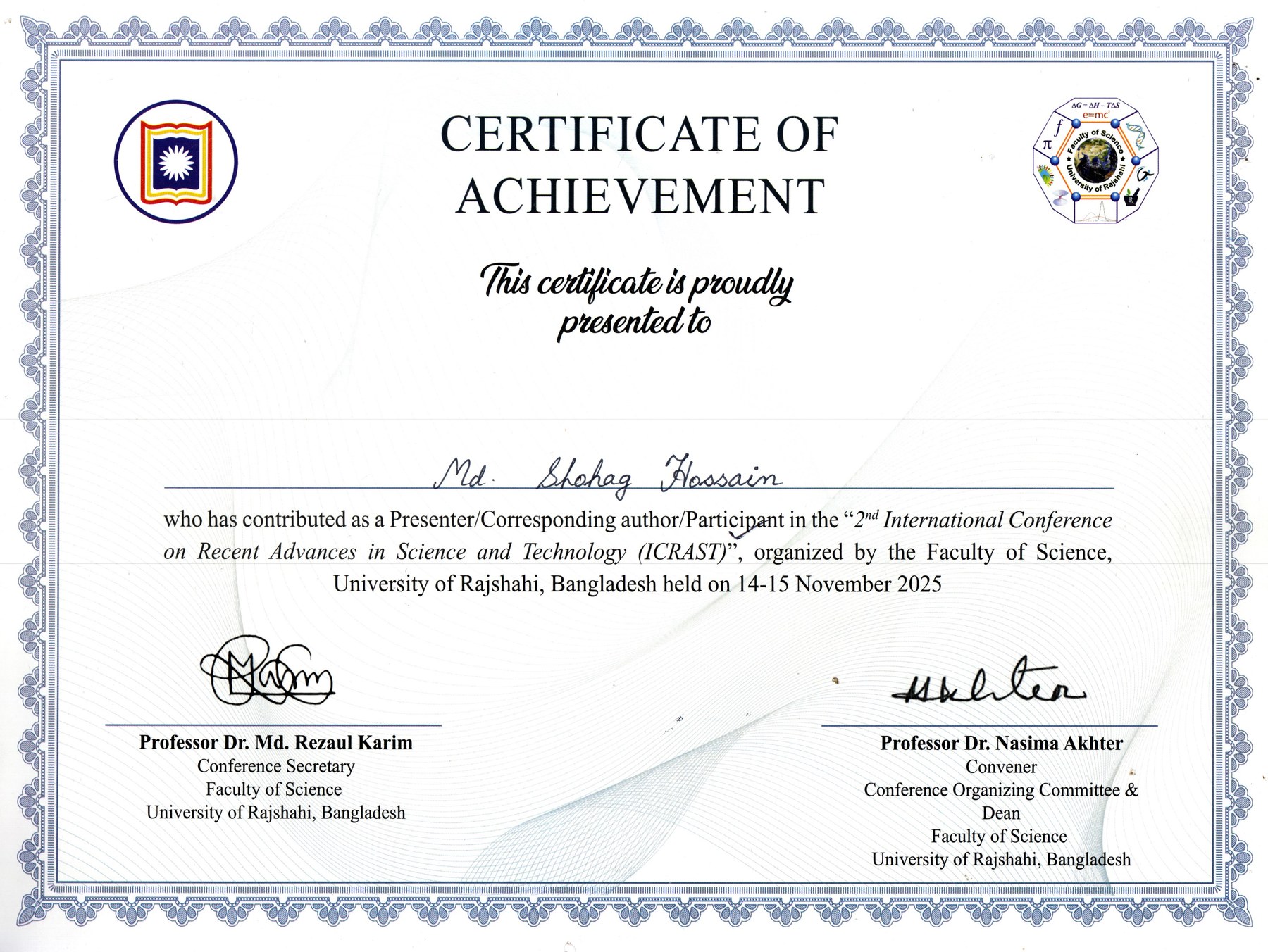 Certificate of Achievement for Md. Shohag Hossain at the second International Conference on Recent Advances in Science and Technology.